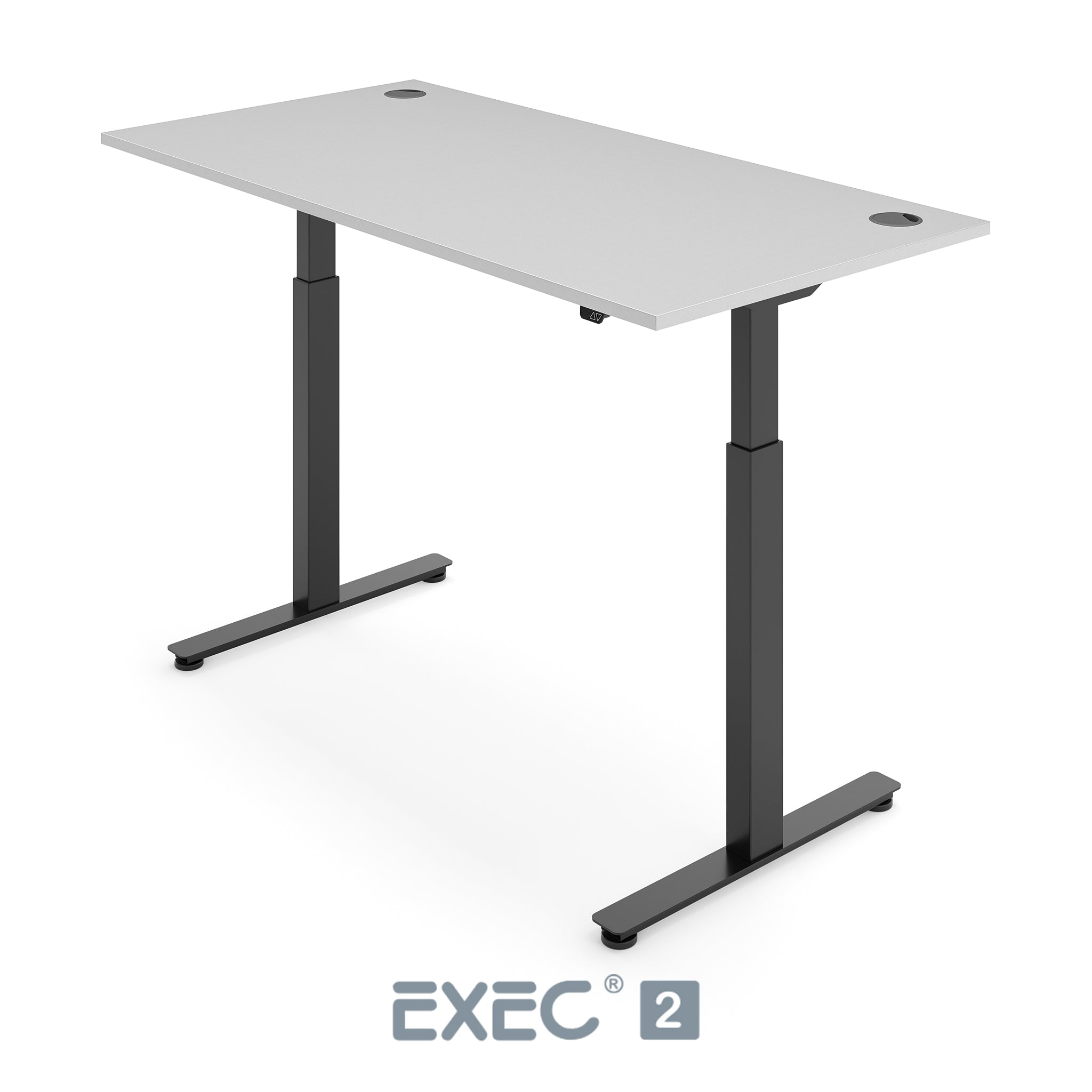 light grey height adjustable desk with black frame