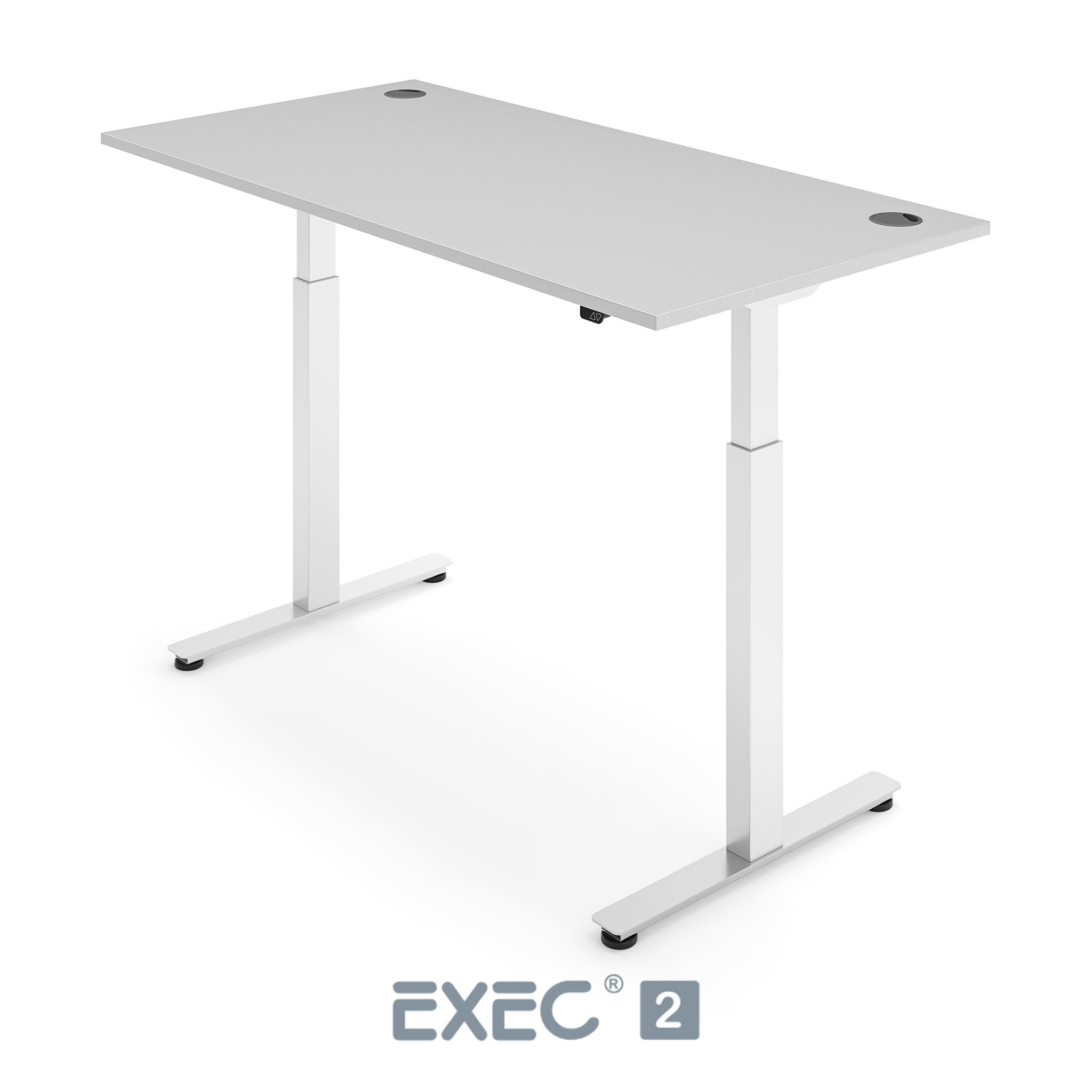 light grey height adjustable desk with white frame