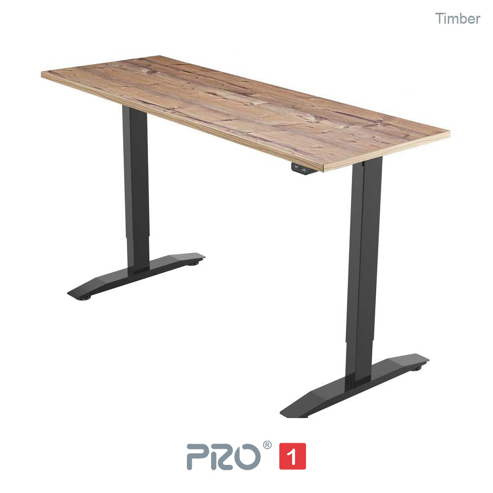 timber height adjustable desk with black frame