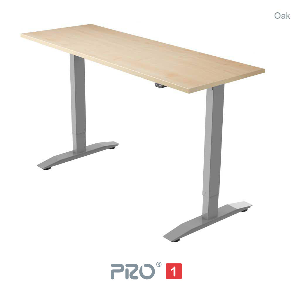 oak height adjustable desk with silver frame