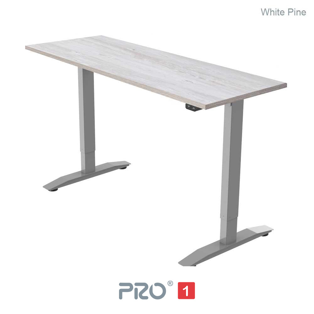 white pine height adjustable desk with silver frame