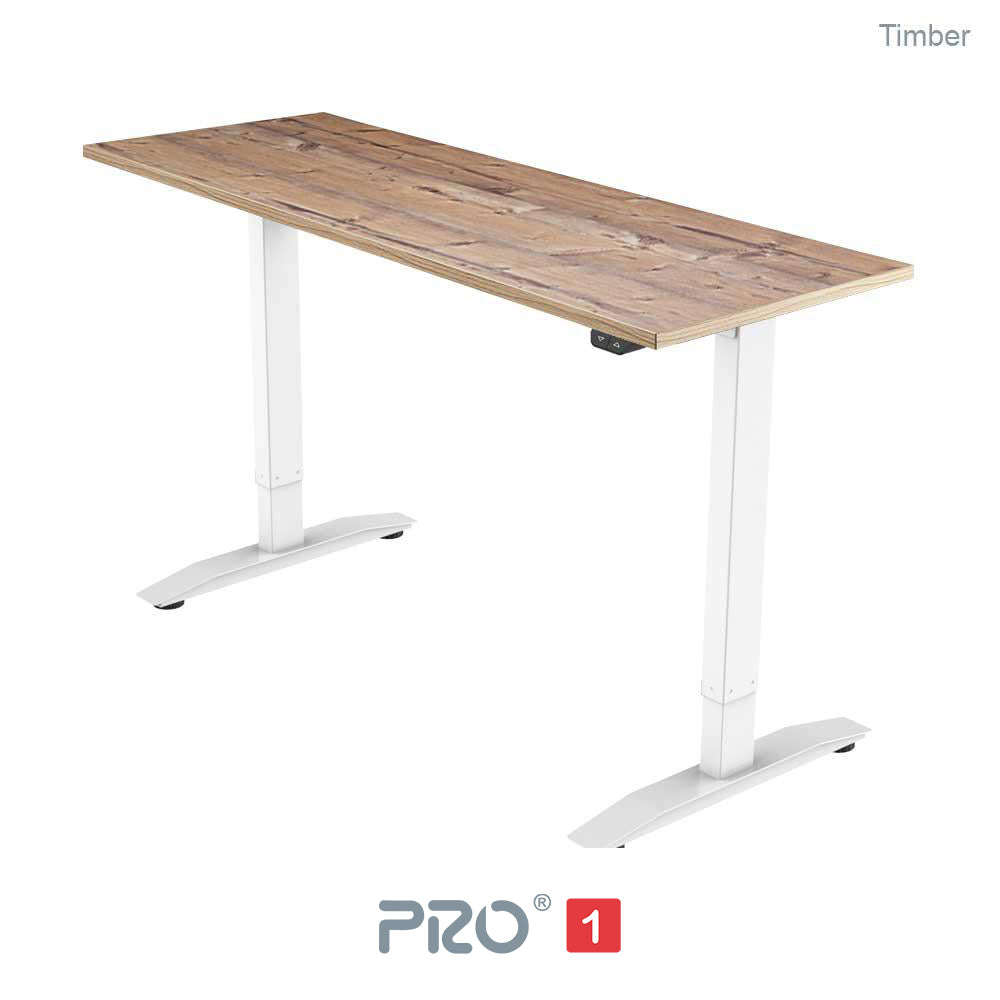 timber height adjustable desk with white frame
