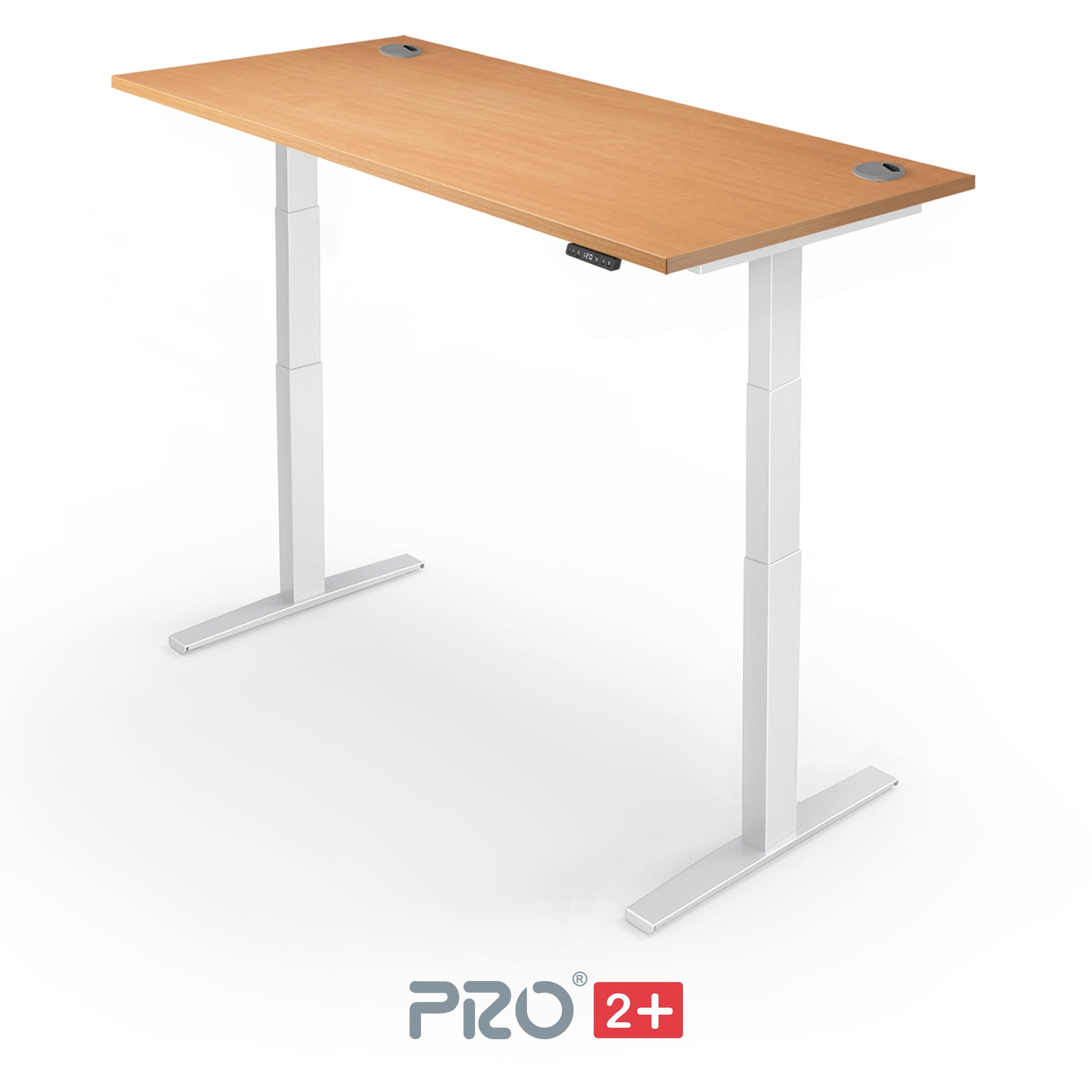 beech height adjustable desk with white frame