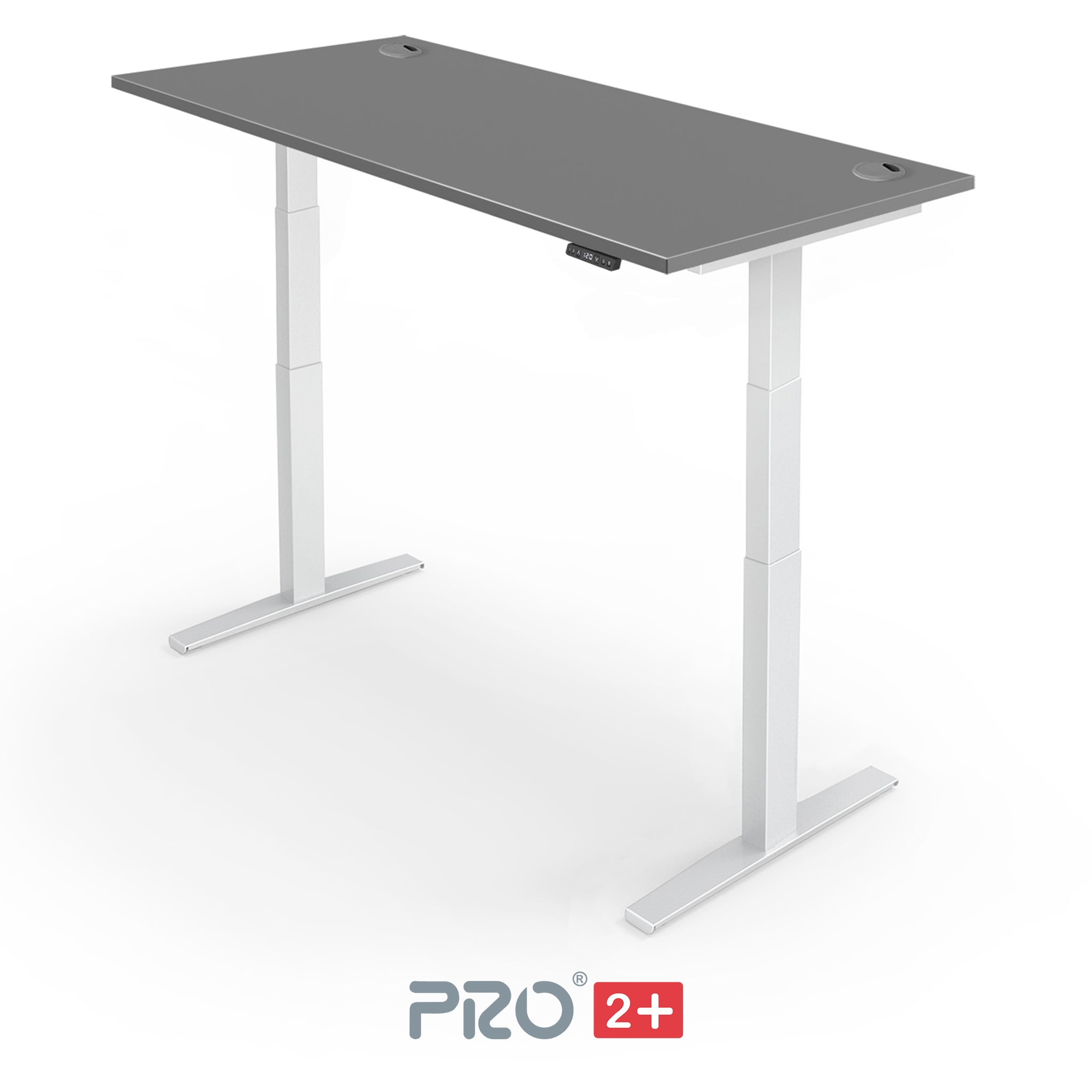 dark gray height adjustable desk with white frame